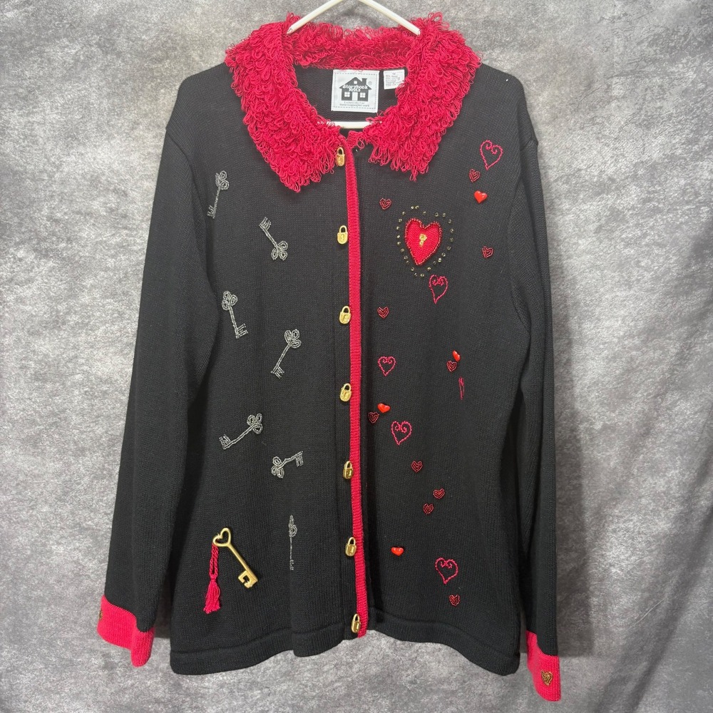 Storybook Knits Key to My Heart Cardigan Size 1X Black Red Valentines Day Kitsch